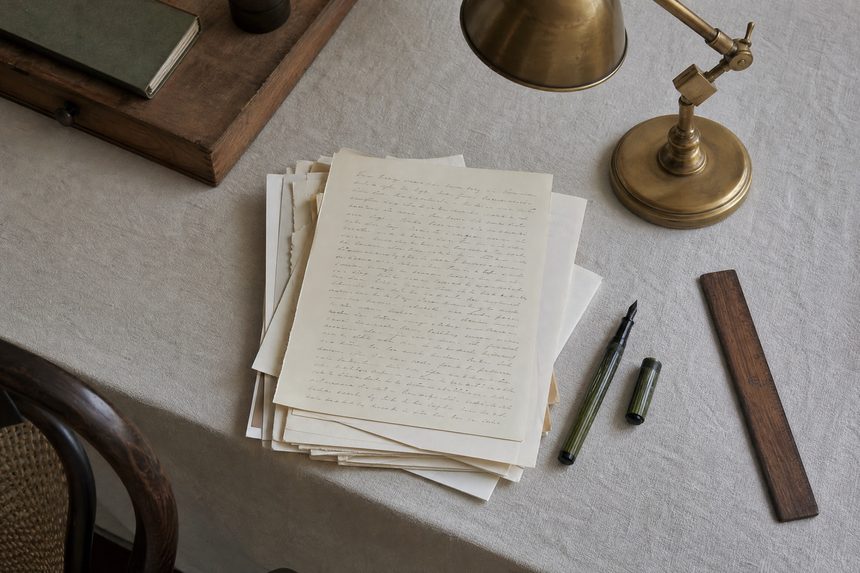A quiet writing desk in daylight with a stack of handwritten pages, a fountain pen, an unlit brass lamp and a wooden ruler on pale linen