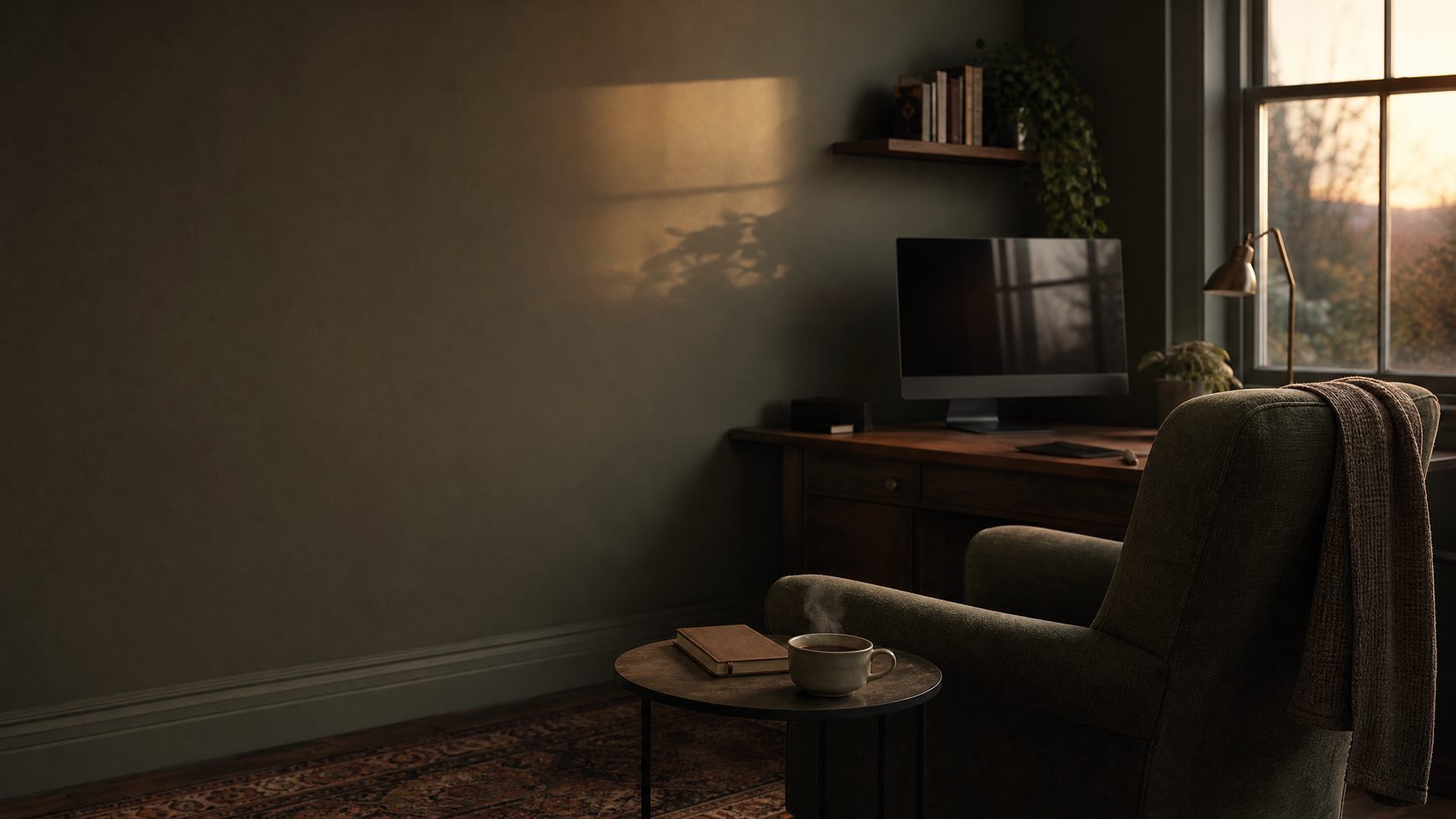 An empty armchair beside a small side table in a study at late evening, a switched-off monitor and a closed notebook