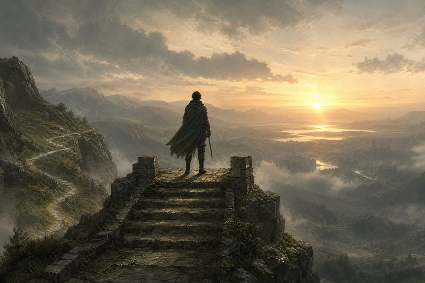 A lone figure at the top of a stone stair looking over a valley at sunrise