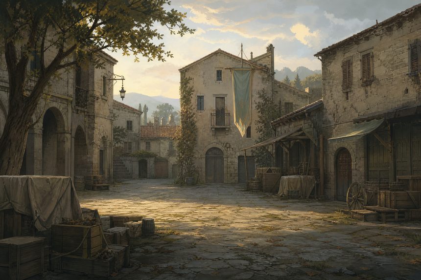 An abandoned village square in gentle afternoon light with market stalls packed away, doors closed and one banner still hanging
