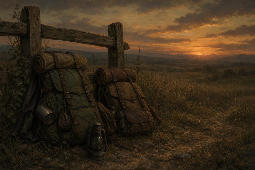 Two travellers' packs left leaning against a wooden fence at the edge of a field at dusk with an unlit lantern on the ground