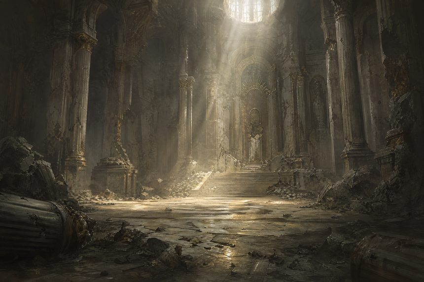 A vast empty hall with broken columns and dust in shafts of light