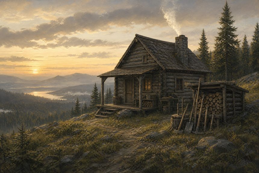 A small self-built cabin on a hillside at first light with smoke from the chimney and tools stacked outside