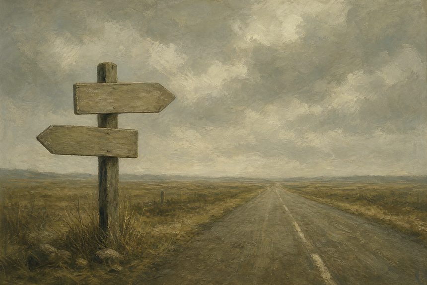 A long empty road through flat country under an overcast sky with a signpost with blank boards